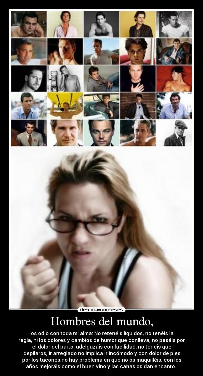 Hombres del mundo, - os odio con toda mi alma: No retenéis líquidos, no tenéis la
regla, ni los dolores y cambios de humor que conlleva, no pasáis por
el dolor del parto, adelgazáis con facilidad, no tenéis que
depilaros, ir arreglado no implica ir incómodo y con dolor de pies
por los tacones,no hay problema en que no os maquilléis, con los
años mejoráis como el buen vino y las canas os dan encanto.