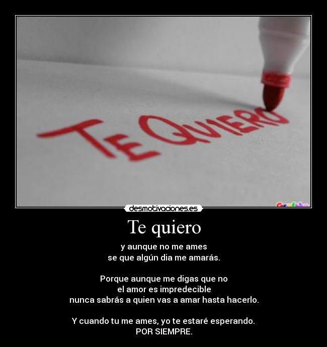 Te quiero - y aunque no me ames
se que algún dia me amarás.
Porque aunque me digas que no
el amor es impredecible
nunca sabrás a quien vas a amar hasta hacerlo.
Y cuando tu me ames, yo te estaré esperando.
POR SIEMPRE.