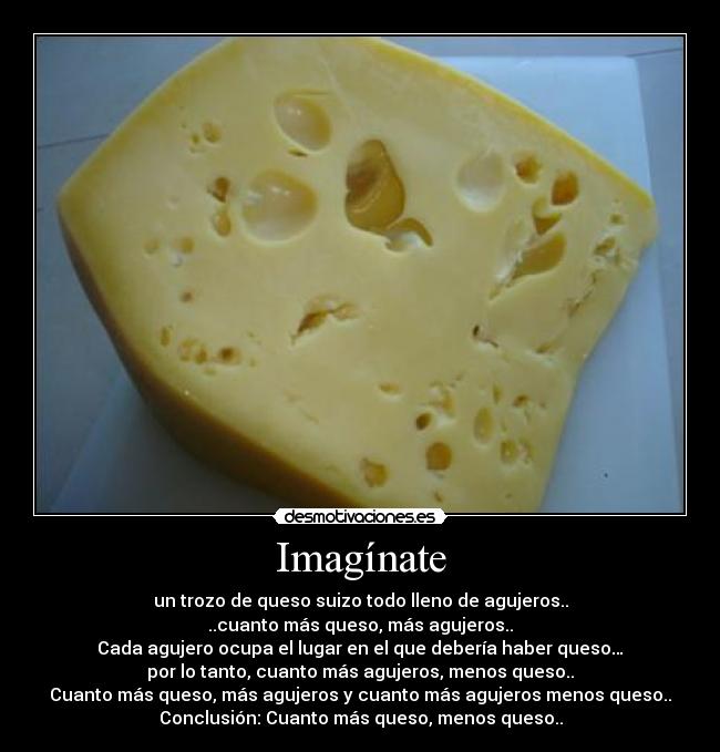 Imagínate - un trozo de queso suizo todo lleno de agujeros..
..cuanto más queso, más agujeros..
Cada agujero ocupa el lugar en el que debería haber queso…
por lo tanto, cuanto más agujeros, menos queso..
Cuanto más queso, más agujeros y cuanto más agujeros menos queso..
Conclusión: Cuanto más queso, menos queso..