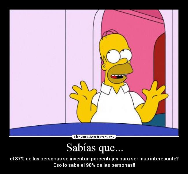 Sabías que... - el 87% de las personas se inventan porcentajes para ser mas interesante?
Eso lo sabe el 98% de las personas!!