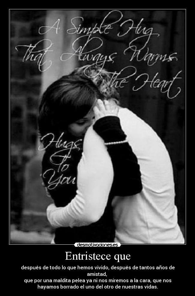 Entristece que - después de todo lo que hemos vivido, después de tantos años de
amistad, 
que por una maldita pelea ya ni nos miremos a la cara, que nos
hayamos borrado el uno del otro de nuestras vidas.