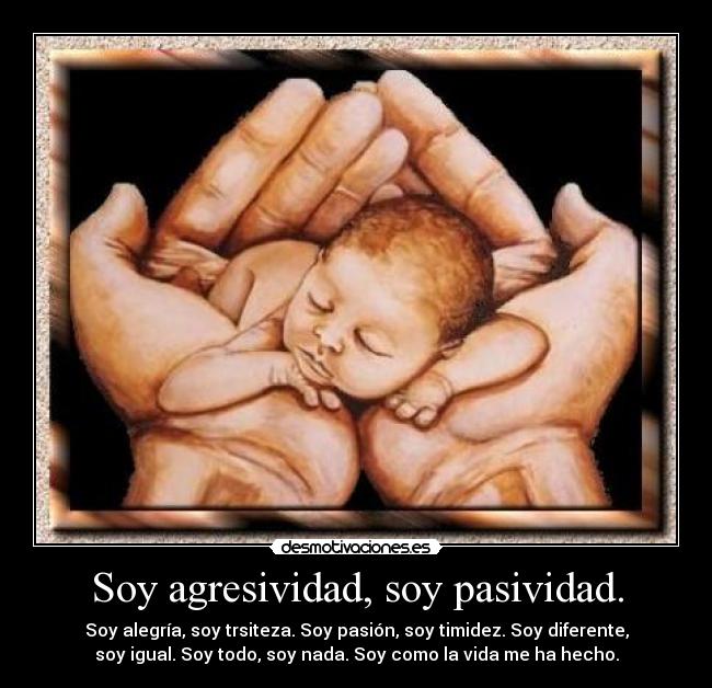 Soy agresividad, soy pasividad. - Soy alegría, soy trsiteza. Soy pasión, soy timidez. Soy diferente,
soy igual. Soy todo, soy nada. Soy como la vida me ha hecho.