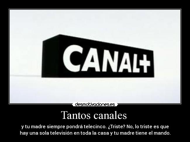 Tantos canales - y tu madre siempre pondrá telecinco. ¿Triste? No, lo triste es que
hay una sola televisión en toda la casa y tu madre tiene el mando.