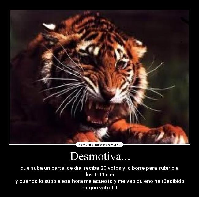 Desmotiva... - que suba un cartel de dia, reciba 20 votos y lo borre para subirlo a las 1:00 a.m
y cuando lo subo a esa hora me acuesto y me veo qu eno ha r3ecibido ningun voto T.T