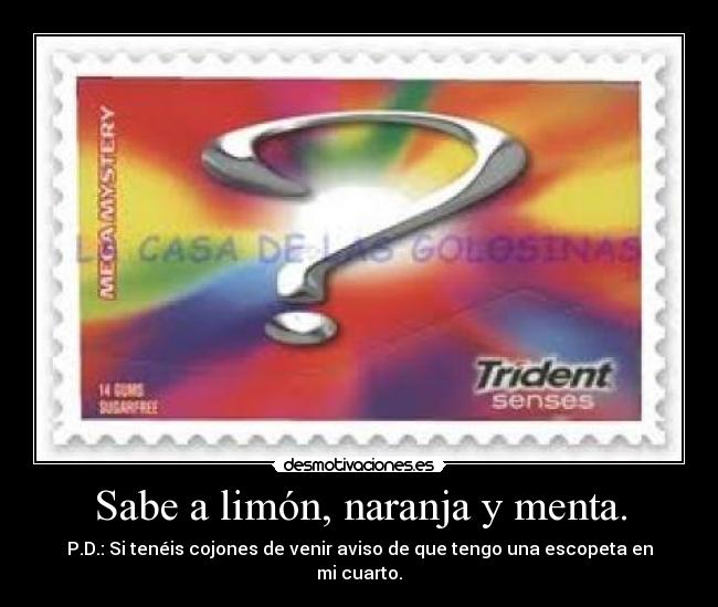 Sabe a limón, naranja y menta. - P.D.: Si tenéis cojones de venir aviso de que tengo una escopeta en mi cuarto.