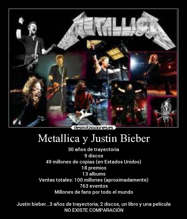 Metallica y Justin Bieber - 30 años de trayectoria
9 discos
49 millones de copias (en Estados Unidos)
18 premios
13 albums
Ventas totales: 100 millones (aproximadamente)
763 eventos
Millones de fans por todo el mundo

Justin bieber...3 años de trayectoria, 2 discos, un libro y una película
NO EXISTE COMPARACIÓN