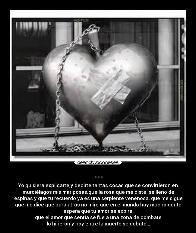 ... - Yo quisiera explicarte,y decirte tantas cosas que se convirtieron en
murciélagos mis mariposas,que la rosa que me diste se lleno de
espinas y que tu recuerdo ya es una serpiente venenosa, que me sigue
que me dice que para atrás no mire que en el mundo hay mucho gente
espera que tu amor se expire,
que el amor que sentía se fue a una zona de combate
lo hirieron y hoy entre la muerte se debate...