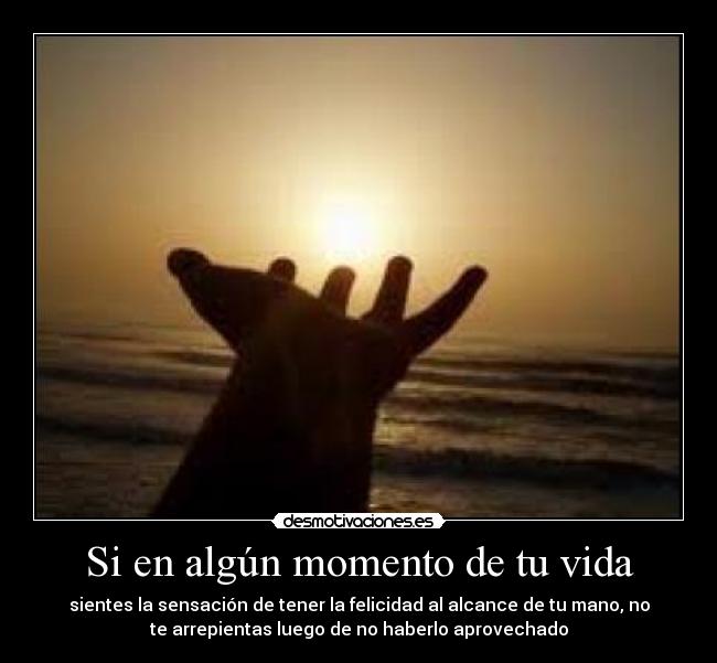 Si en algún momento de tu vida - sientes la sensación de tener la felicidad al alcance de tu mano, no
te arrepientas luego de no haberlo aprovechado