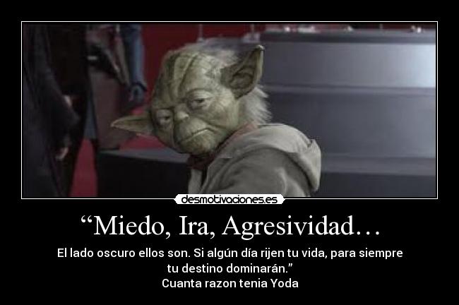 “Miedo, Ira, Agresividad… - El lado oscuro ellos son. Si algún día rijen tu vida, para siempre
tu destino dominarán.”
Cuanta razon tenia Yoda