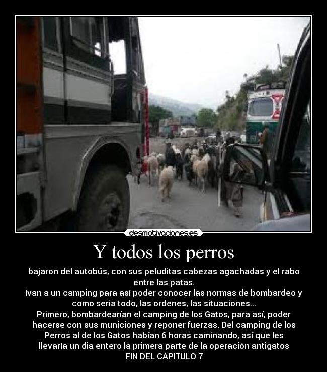 Y todos los perros - bajaron del autobús, con sus peluditas cabezas agachadas y el rabo
entre las patas.
Ivan a un camping para así poder conocer las normas de bombardeo y
como seria todo, las ordenes, las situaciones...
Primero, bombardearían el camping de los Gatos, para así, poder
hacerse con sus municiones y reponer fuerzas. Del camping de los
Perros al de los Gatos habían 6 horas caminando, así que les
llevaría un dia entero la primera parte de la operación antigatos
FIN DEL CAPITULO 7