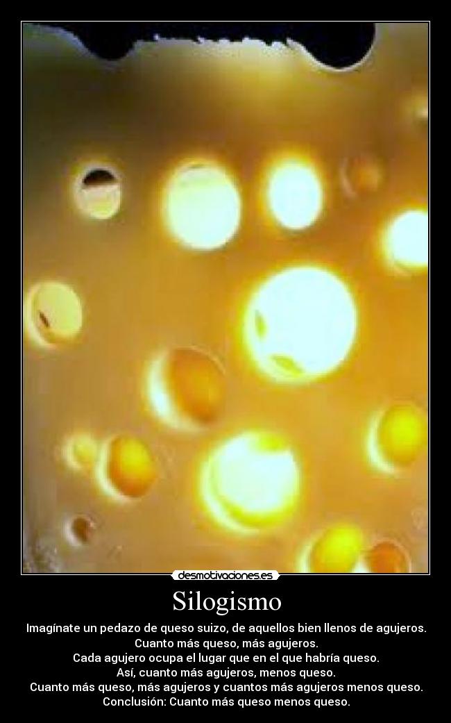 Silogismo - Imagínate un pedazo de queso suizo, de aquellos bien llenos de agujeros.
Cuanto más queso, más agujeros.
Cada agujero ocupa el lugar que en el que habría queso.
Así, cuanto más agujeros, menos queso.
Cuanto más queso, más agujeros y cuantos más agujeros menos queso.
Conclusión: Cuanto más queso menos queso.