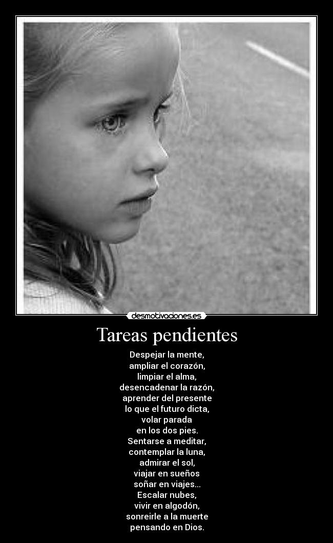 Tareas pendientes - Despejar la mente,
ampliar el corazón,
limpiar el alma,
desencadenar la razón,
aprender del presente
lo que el futuro dicta,
volar parada
en los dos pies.
Sentarse a meditar,
contemplar la luna,
admirar el sol,
viajar en sueños
soñar en viajes...
Escalar nubes,
vivir en algodón,
sonreirle a la muerte
pensando en Dios.