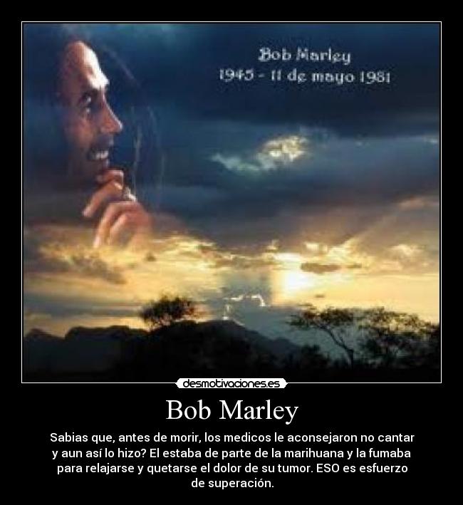 Bob Marley - Sabias que, antes de morir, los medicos le aconsejaron no cantar
y aun así lo hizo? El estaba de parte de la marihuana y la fumaba
para relajarse y quetarse el dolor de su tumor. ESO es esfuerzo
de superación.