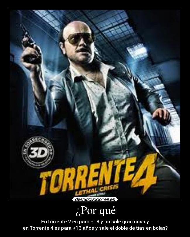 ¿Por qué - En torrente 2 es para +18 y no sale gran cosa y
en Torrente 4 es para +13 años y sale el doble de tias en bolas?