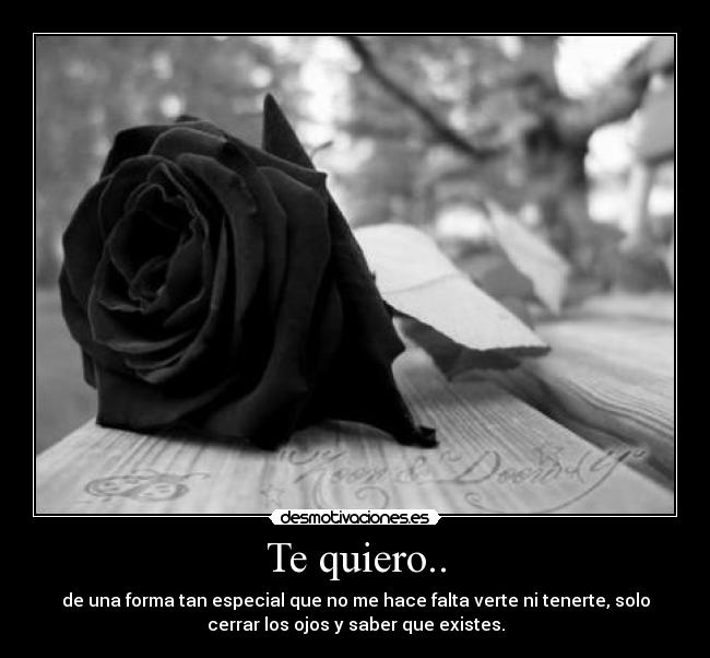 Te quiero.. - de una forma tan especial que no me hace falta verte ni tenerte, solo
cerrar los ojos y saber que existes.