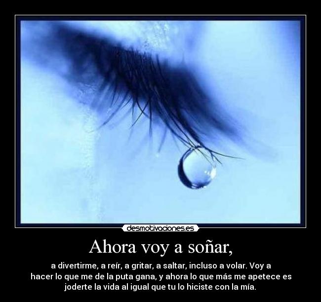 Ahora voy a soñar, - a divertirme, a reír, a gritar, a saltar, incluso a volar. Voy a
hacer lo que me de la puta gana, y ahora lo que más me apetece es
joderte la vida al igual que tu lo hiciste con la mía.