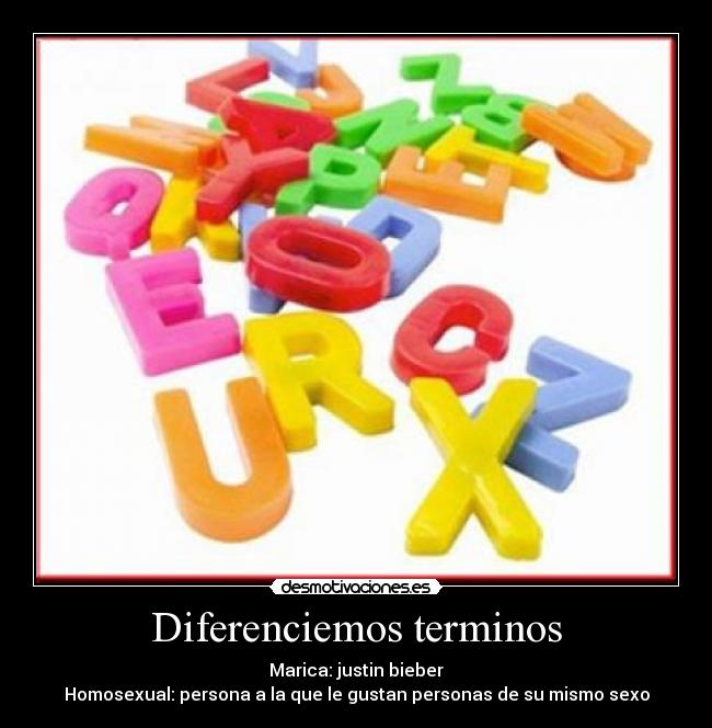 Diferenciemos terminos - Marica: justin bieber
Homosexual: persona a la que le gustan personas de su mismo sexo
