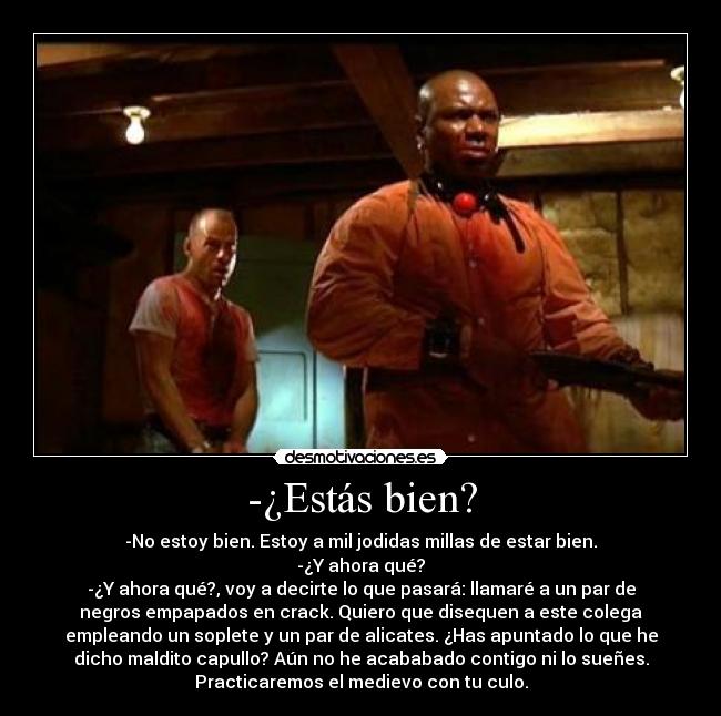 -¿Estás bien? - -No estoy bien. Estoy a mil jodidas millas de estar bien.
-¿Y ahora qué?
-¿Y ahora qué?, voy a decirte lo que pasará: llamaré a un par de
negros empapados en crack. Quiero que disequen a este colega
empleando un soplete y un par de alicates. ¿Has apuntado lo que he
dicho maldito capullo? Aún no he acababado contigo ni lo sueñes.
Practicaremos el medievo con tu culo.