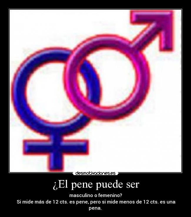 ¿El pene puede ser - masculino o femenino?
Si mide más de 12 cts. es pene, pero si mide menos de 12 cts. es una pena.