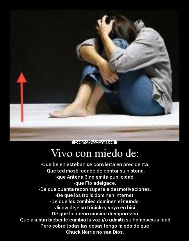 Vivo con miedo de: - -Que belen esteban se convierta en presidenta.
-Que ted mosbi acabe de contar su historia.
-que Antena 3 no emita publicidad.
-que Flo adelgace.
-De que cuanta razon supere a desmotivaciones.
-De que los trolls dominen internet.
-De que los zombies dominen el mundo.
-Jisaw deje su triciclo y vaya en bici.
-De que la buena musica desaparezca.
-Que a justin bieber le cambia la voz i/o admita su homosexualidad.
Pero sobre todas las cosas tengo miedo de que
Chuck Norris no sea Dios.