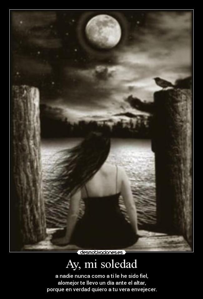 Ay, mi soledad - a nadie nunca como a ti le he sido fiel,
alomejor te llevo un día ante el altar,
porque en verdad quiero a tu vera envejecer.