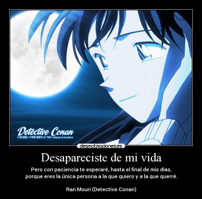 Desapareciste de mi vida - Pero con paciencia te esperaré, hasta el final de mis días,
porque eres la única persona a la que quiero y a la que querré.

Ran Mouri (Detective Conan)