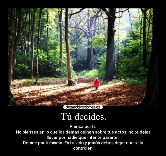 Tú decides. - Piensa por ti.
No pienses en lo que los demas opinen sobre tus actos, no te dejes
llevar por nadie que intente pararte.
Decide por ti mismo. Es tu vida y jamás debes dejar que te la
controlen.