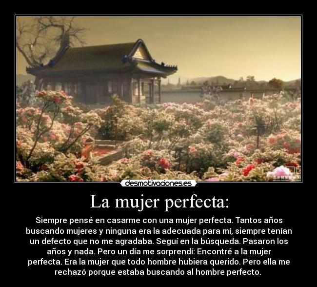 La mujer perfecta: - Siempre pensé en casarme con una mujer perfecta. Tantos años
buscando mujeres y ninguna era la adecuada para mí, siempre tenían
un defecto que no me agradaba. Seguí en la búsqueda. Pasaron los
años y nada. Pero un día me sorprendí: Encontré a la mujer
perfecta. Era la mujer que todo hombre hubiera querido. Pero ella me
rechazó porque estaba buscando al hombre perfecto.