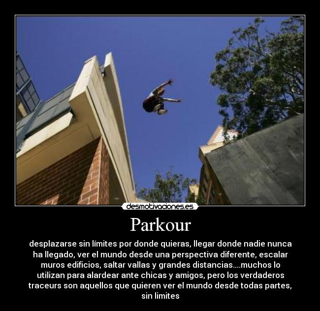 Parkour - desplazarse sin límites por donde quieras, llegar donde nadie nunca
ha llegado, ver el mundo desde una perspectiva diferente, escalar
muros edificios, saltar vallas y grandes distancias....muchos lo
utilizan para alardear ante chicas y amigos, pero los verdaderos
traceurs son aquellos que quieren ver el mundo desde todas partes,
sin limites