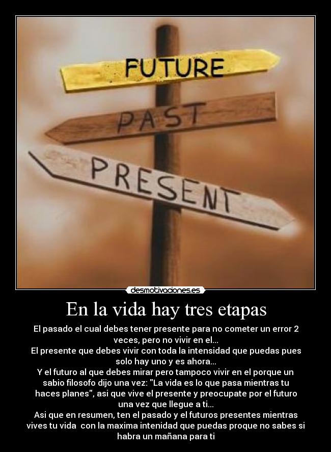 En la vida hay tres etapas - El pasado el cual debes tener presente para no cometer un error 2
veces, pero no vivir en el...
El presente que debes vivir con toda la intensidad que puedas pues
solo hay uno y es ahora...
Y el futuro al que debes mirar pero tampoco vivir en el porque un
sabio filosofo dijo una vez: La vida es lo que pasa mientras tu
haces planes, asi que vive el presente y preocupate por el futuro
una vez que llegue a ti...
Asi que en resumen, ten el pasado y el futuros presentes mientras
vives tu vida  con la maxima intenidad que puedas proque no sabes si
habra un mañana para ti
