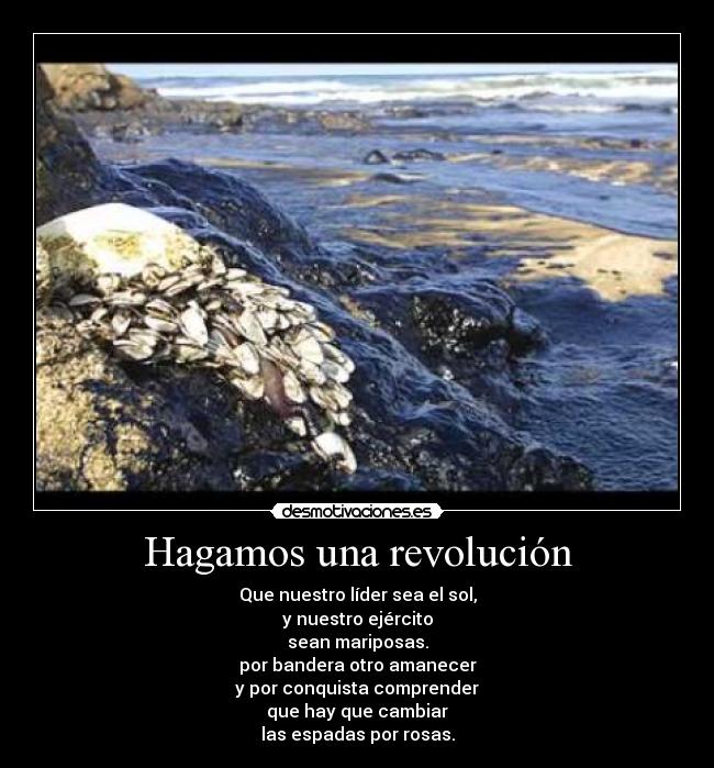 Hagamos una revolución - Que nuestro líder sea el sol,
y nuestro ejército
sean mariposas.
por bandera otro amanecer
y por conquista comprender
que hay que cambiar
las espadas por rosas.