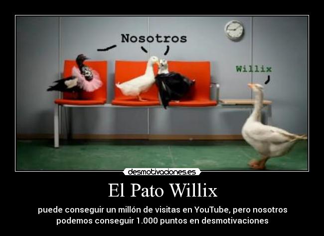El Pato Willix - puede conseguir un millón de visitas en YouTube, pero nosotros
podemos conseguir 1.000 puntos en desmotivaciones