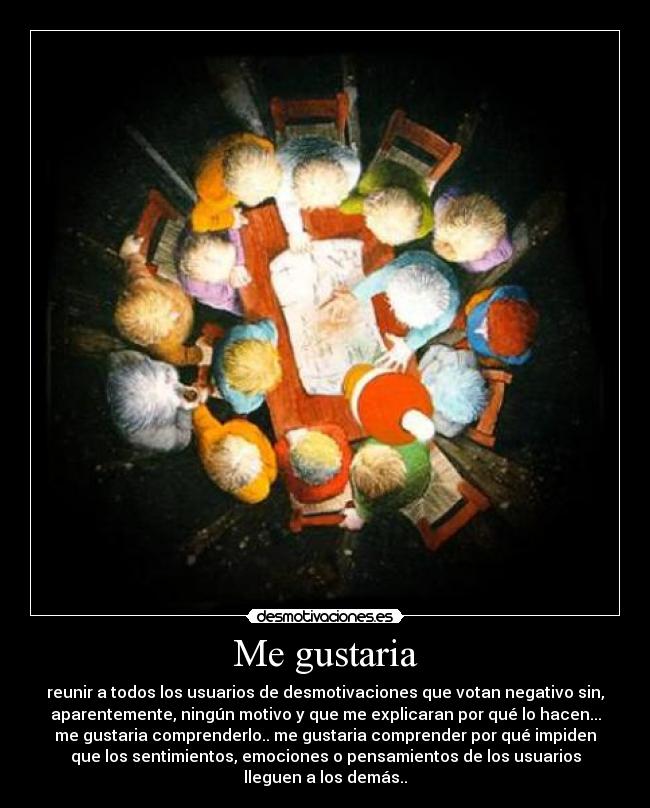Me gustaria - reunir a todos los usuarios de desmotivaciones que votan negativo sin,
aparentemente, ningún motivo y que me explicaran por qué lo hacen...
me gustaria comprenderlo.. me gustaria comprender por qué impiden
que los sentimientos, emociones o pensamientos de los usuarios
lleguen a los demás..