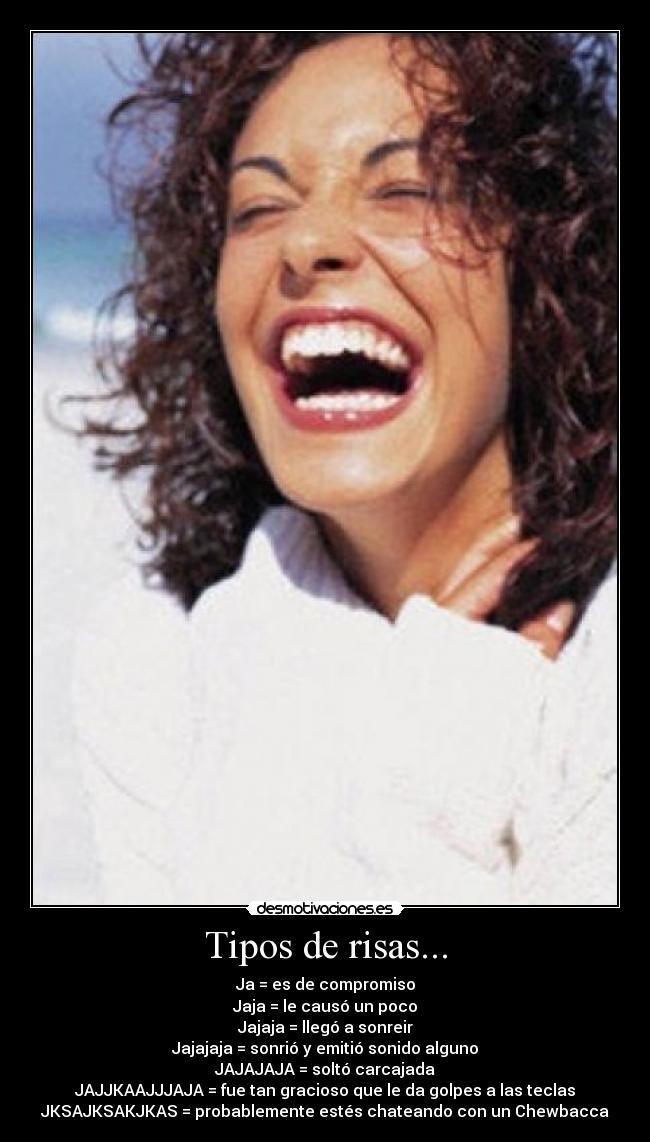 Tipos de risas... - Ja = es de compromiso
Jaja = le causó un poco
Jajaja = llegó a sonreir
Jajajaja = sonrió y emitió sonido alguno
JAJAJAJA = soltó carcajada
JAJJKAAJJJAJA = fue tan gracioso que le da golpes a las teclas
JKSAJKSAKJKAS = probablemente estés chateando con un Chewbacca