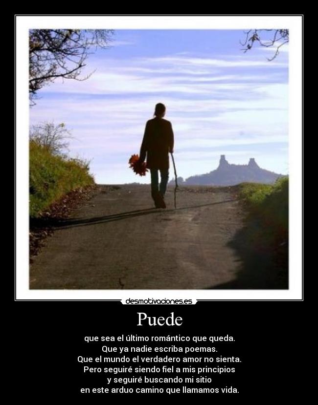 Puede - que sea el último romántico que queda.
Que ya nadie escriba poemas.
Que el mundo el verdadero amor no sienta.
Pero seguiré siendo fiel a mis principios
y seguiré buscando mi sitio
en este arduo camino que llamamos vida.