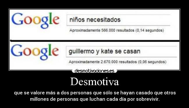 Desmotiva - que se valore más a dos personas que sólo se hayan casado que otros
millones de personas que luchan cada día por sobrevivir.