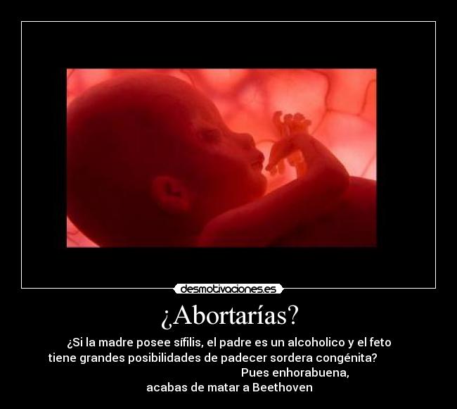 ¿Abortarías? - ¿Si la madre posee sífilis, el padre es un alcoholico y el feto
tiene grandes posibilidades de padecer sordera congénita?
Pues enhorabuena,
acabas de matar a Beethoven