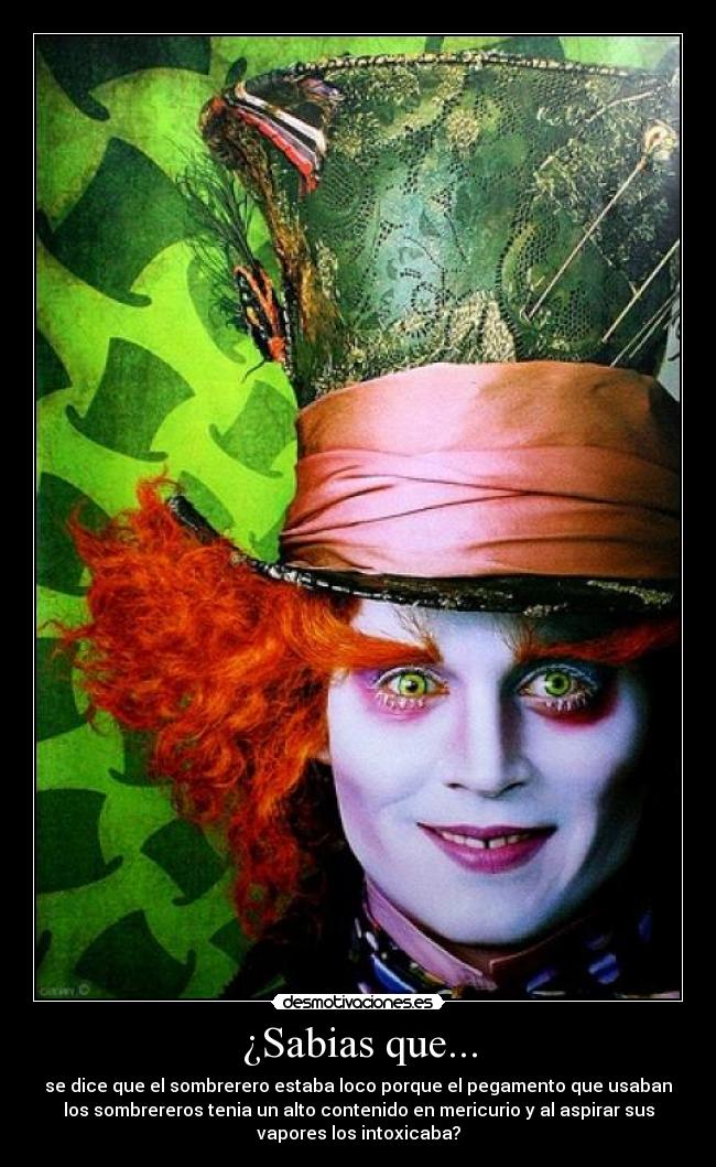 ¿Sabias que... - se dice que el sombrerero estaba loco porque el pegamento que usaban
los sombrereros tenia un alto contenido en mericurio y al aspirar sus
vapores los intoxicaba?