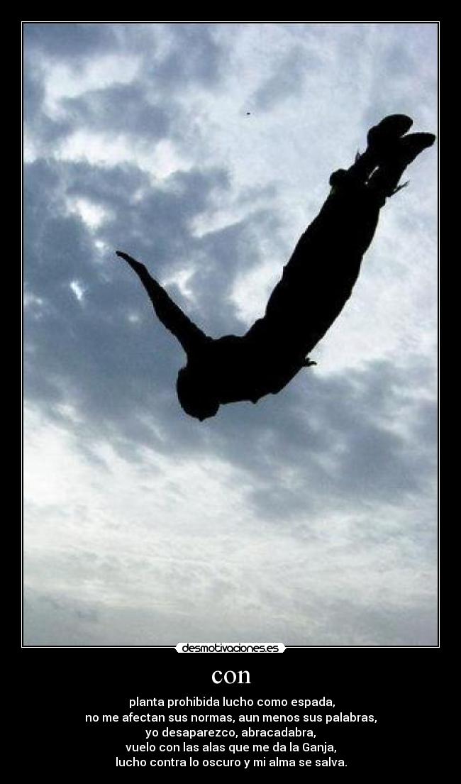 con - planta prohibida lucho como espada,
no me afectan sus normas, aun menos sus palabras,
yo desaparezco, abracadabra,
vuelo con las alas que me da la Ganja,
lucho contra lo oscuro y mi alma se salva.