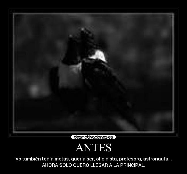 ANTES - yo también tenía metas, quería ser, oficinista, profesora, astronauta...
AHORA SOLO QUERO LLEGAR A LA PRINCIPAL.