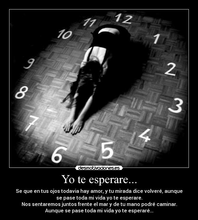 Yo te esperare... - Se que en tus ojos todavia hay amor, y tu mirada dice volveré, aunque
se pase toda mi vida yo te esperare.
Nos sentaremos juntos frente el mar y de tu mano podré caminar.
Aunque se pase toda mi vida yo te esperaré...