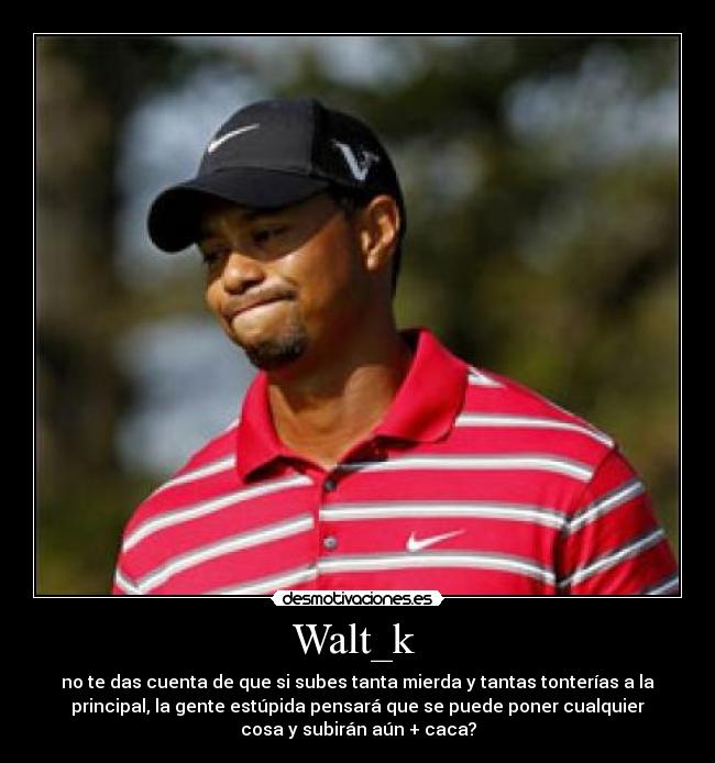 Walt_k - no te das cuenta de que si subes tanta mierda y tantas tonterías a la
principal, la gente estúpida pensará que se puede poner cualquier
cosa y subirán aún + caca?