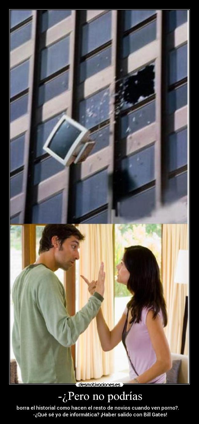 -¿Pero no podrías - borra el historial como hacen el resto de novios cuando ven porno?.   
  -¿Qué sé yo de informática? ¡Haber salido con Bill Gates! 