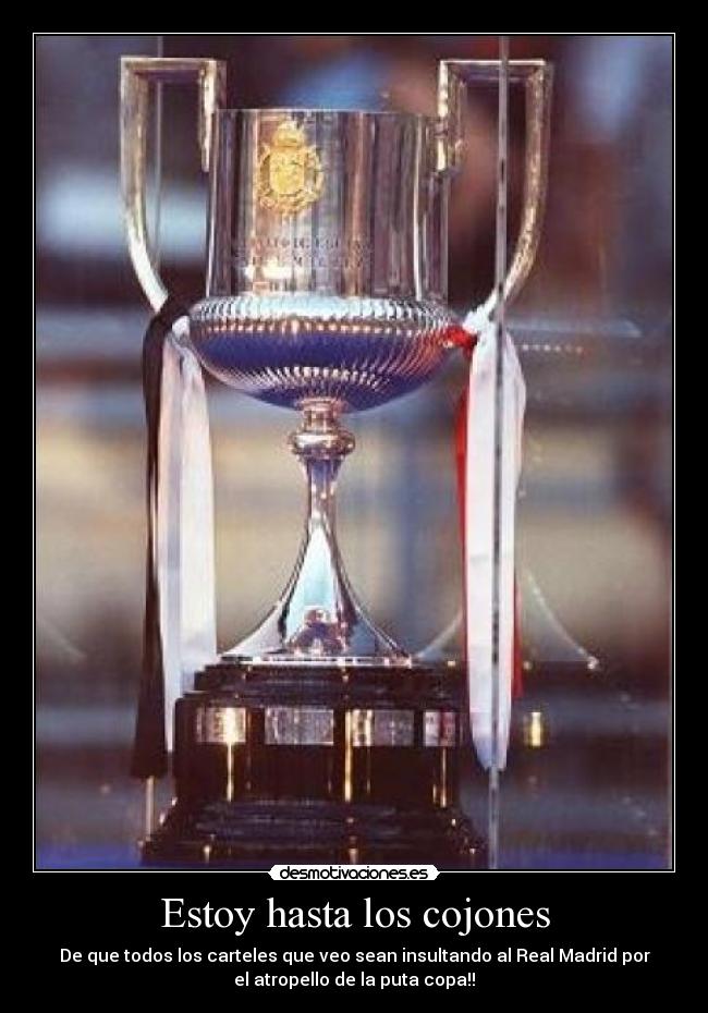 Estoy hasta los cojones - De que todos los carteles que veo sean insultando al Real Madrid por
el atropello de la puta copa!!