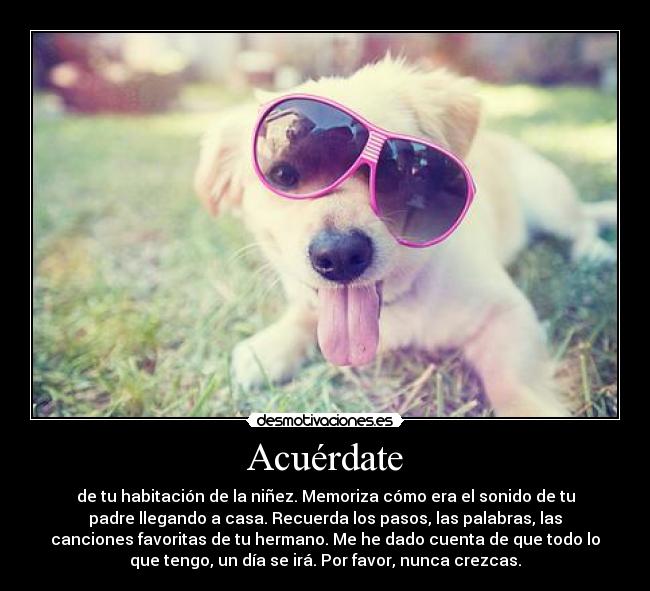 Acuérdate - de tu habitación de la niñez. Memoriza cómo era el sonido de tu
padre llegando a casa. Recuerda los pasos, las palabras, las
canciones favoritas de tu hermano. Me he dado cuenta de que todo lo
que tengo, un día se irá. Por favor, nunca crezcas.