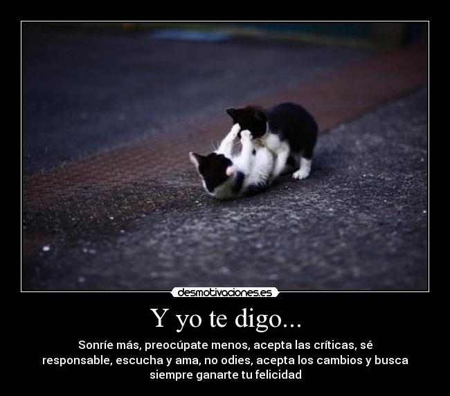 Y yo te digo... - Sonríe más, preocúpate menos, acepta las críticas, sé
responsable, escucha y ama, no odies, acepta los cambios y busca
siempre ganarte tu felicidad