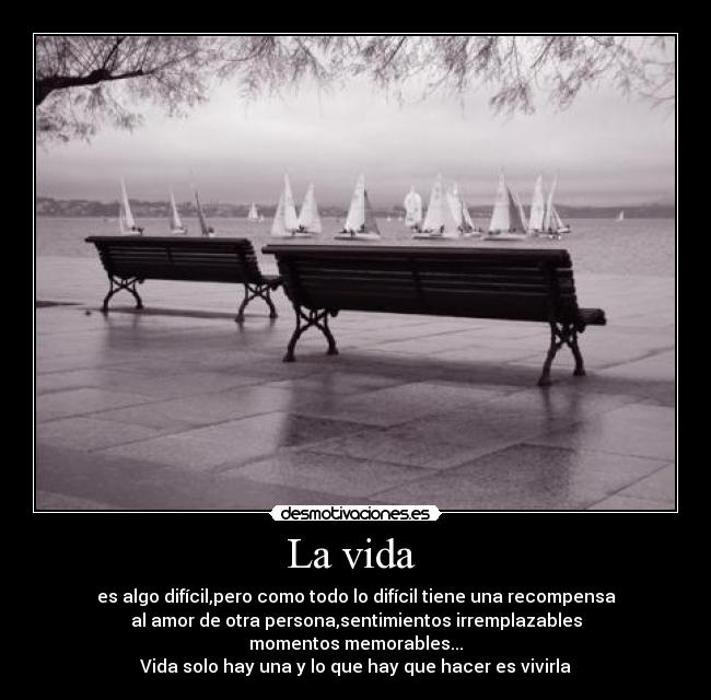 La vida - es algo difícil,pero como todo lo difícil tiene una recompensa
al amor de otra persona,sentimientos irremplazables
momentos memorables...
Vida solo hay una y lo que hay que hacer es vivirla