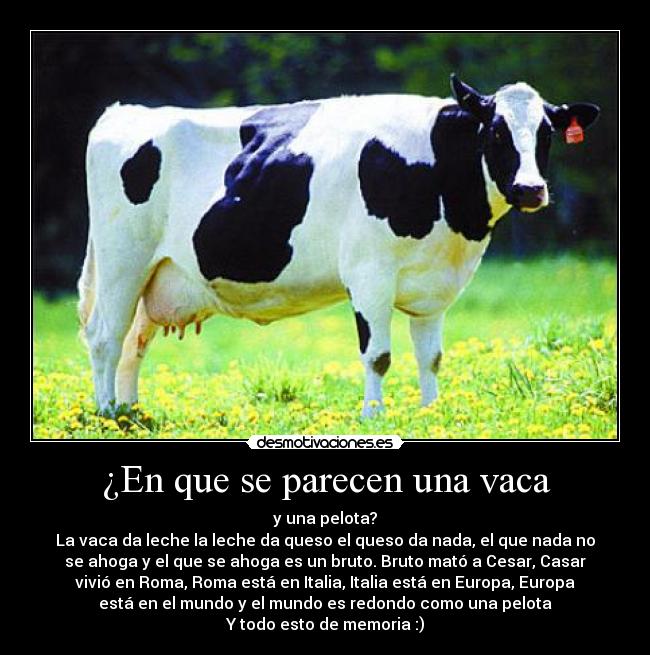 ¿En que se parecen una vaca - y una pelota?
La vaca da leche la leche da queso el queso da nada, el que nada no
se ahoga y el que se ahoga es un bruto. Bruto mató a Cesar, Casar
vivió en Roma, Roma está en Italia, Italia está en Europa, Europa
está en el mundo y el mundo es redondo como una pelota
Y todo esto de memoria :)