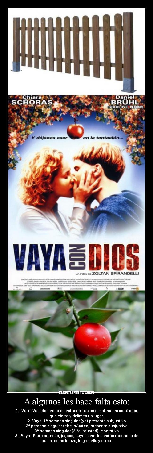 A algunos les hace falta esto: - 1.- Valla: Vallado hecho de estacas, tablas o materiales metálicos,
que cierra y delimita un lugar.
2.-Vaya: 1ª persona singular (yo) presente subjuntivo
3ª persona singular (él/ella/usted) presente subjuntivo
3ª persona singular (él/ella/usted) imperativo
3.- Baya: Fruto carnoso, jugoso, cuyas semillas están rodeadas de
pulpa, como la uva, la grosella y otros.