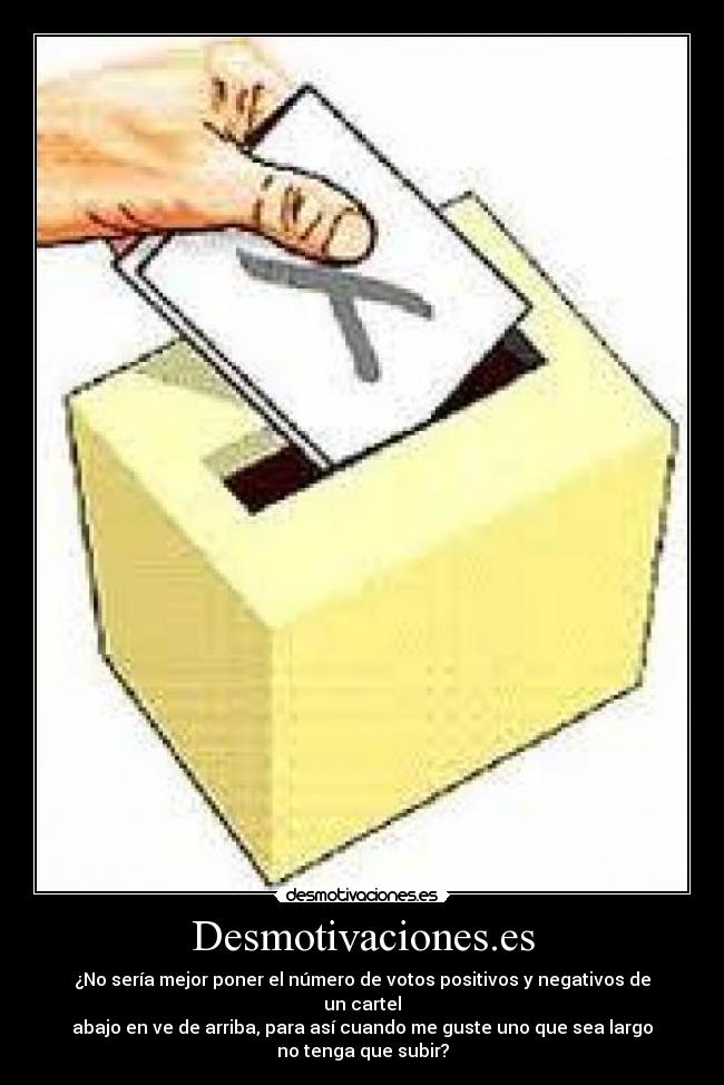 Desmotivaciones.es - ¿No sería mejor poner el número de votos positivos y negativos de un cartel
abajo en ve de arriba, para así cuando me guste uno que sea largo
no tenga que subir?